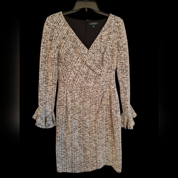 Ralph Lauren Black & White Tweed Faux Wrap Dress with Long Ruffle Sleeves Size 6 - Picture 3 of 4